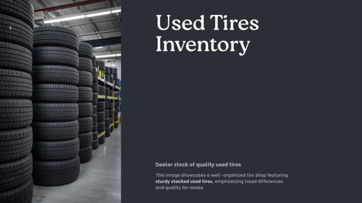 used tires stacked for resale in wholesale yard inventory