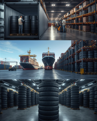 cargo ship transporting container of brand new tires to North America and Europe